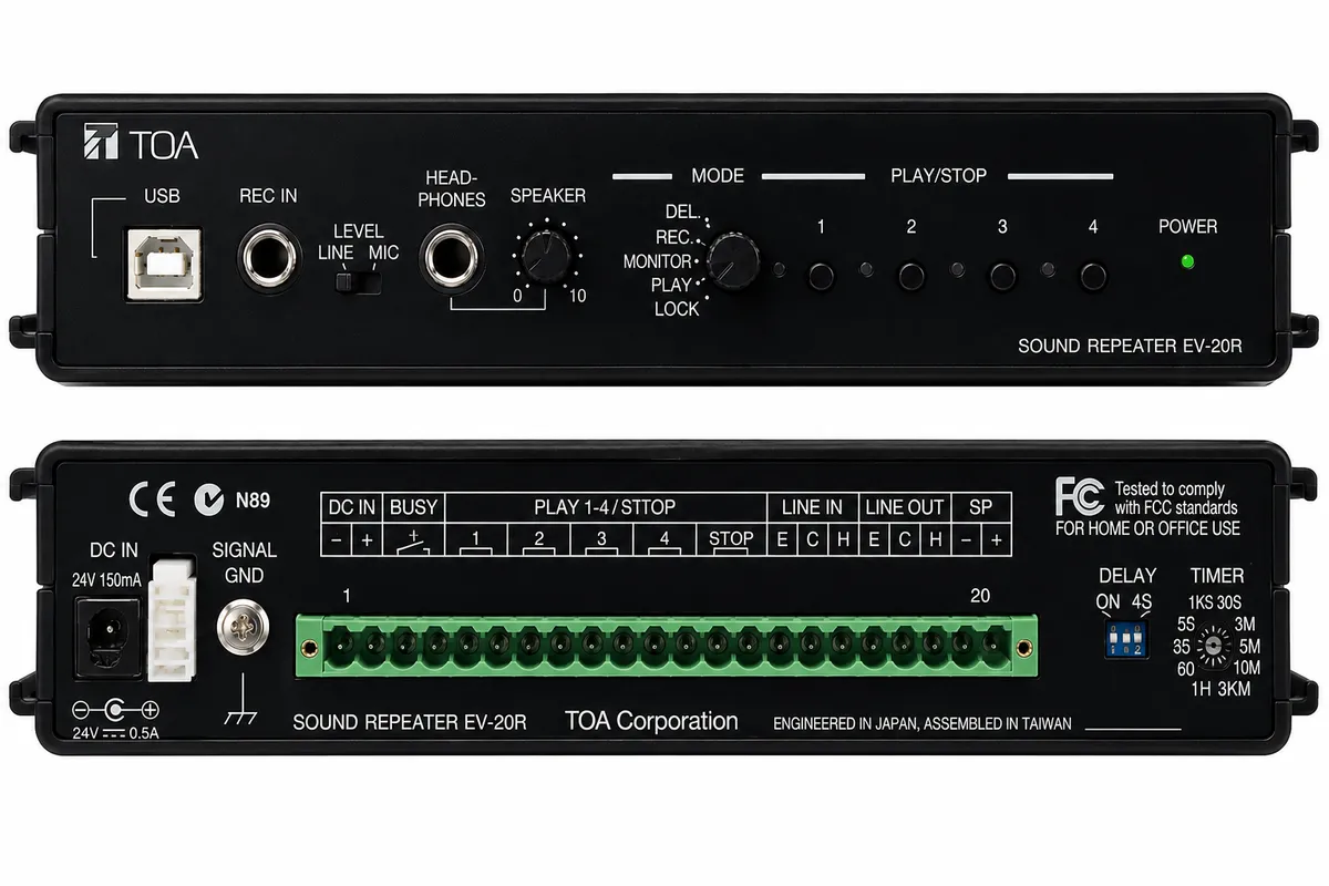 Mặt trước và mặt sau module TOA EV-20R với cổng USB, ngõ ghi âm, line in, line out và ngõ điều khiển