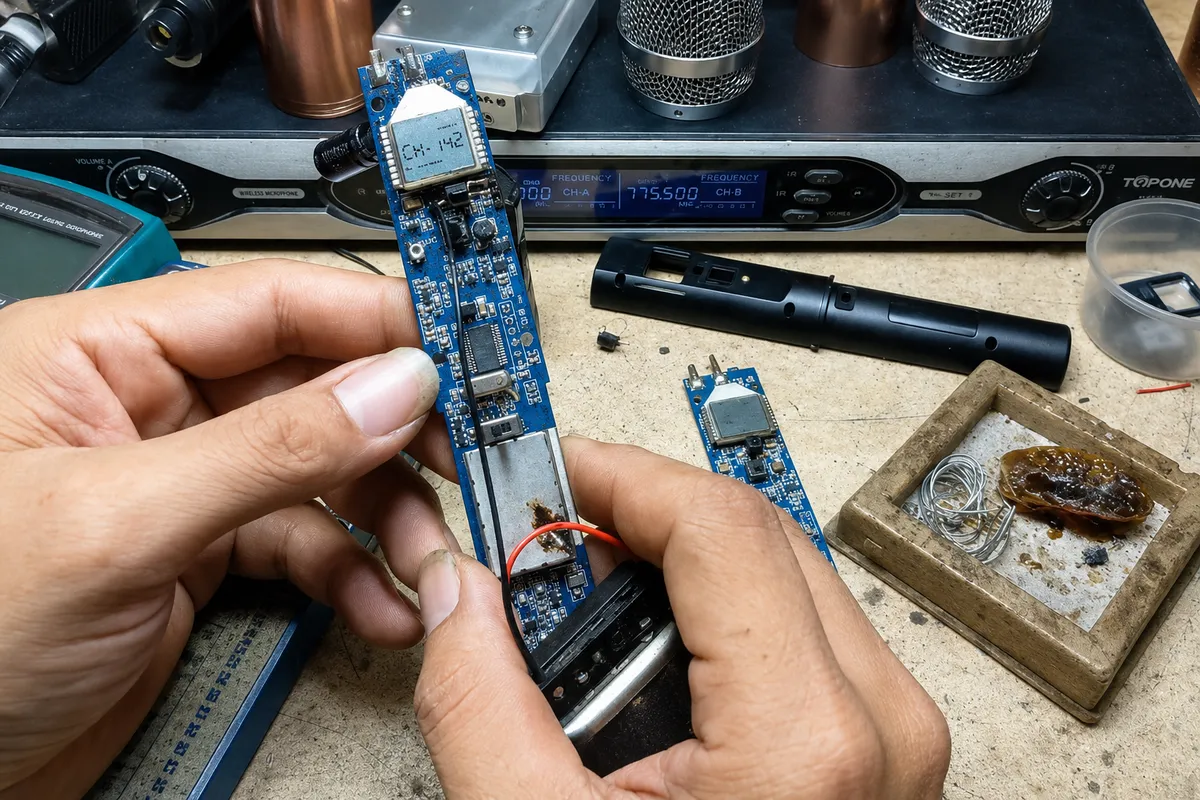 Dịch Vụ Sửa Micro Không Dây Uy Tín Xử Lý Mất Sóng Nhiễu Tần 11 Kỹ thuật viên kiểm tra bảng mạch bên trong tay micro không dây