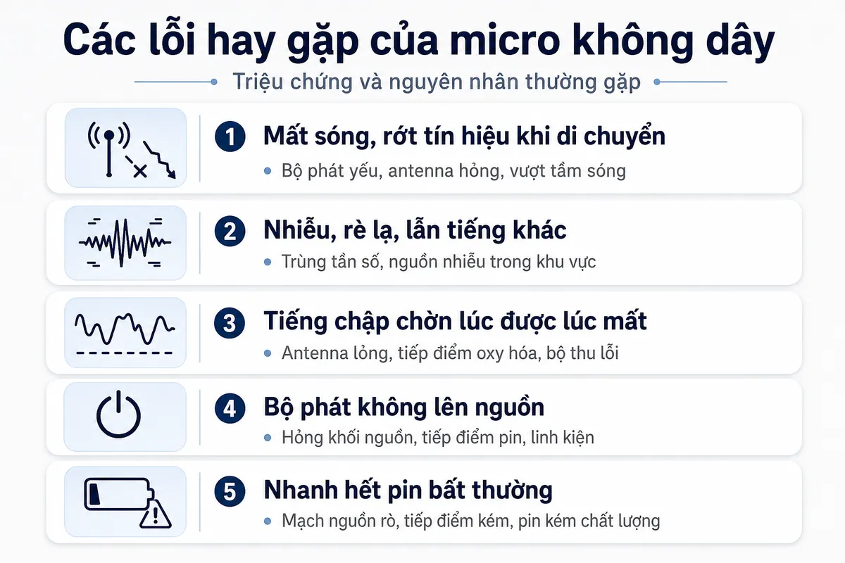 Dịch Vụ Sửa Micro Không Dây Uy Tín Xử Lý Mất Sóng Nhiễu Tần 9 Bảng minh họa các lỗi thường gặp của micro không dây và nguyên nhân